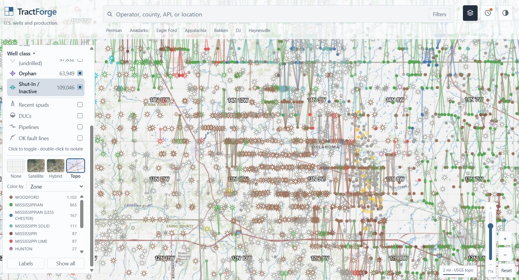 Wells in the Anadarko Basin coloured by producing zone over a topographic basemap with the PLSS township grid, legend listing Woodford, Mississippian, Hunton and other formations with counts.